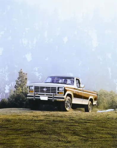 Zweifarbiger 1982 Ford F-150 auf einer Wiese