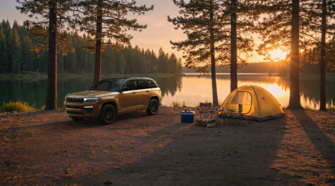 Jeep Grand Cherokee 2027 neben einem Zelt an einem See bei Sonnenuntergang