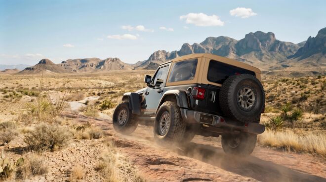 Jeep Wrangler Laredo Zweitürer mit 35-Zoll-Reifen auf einem Wüsten-Trail
